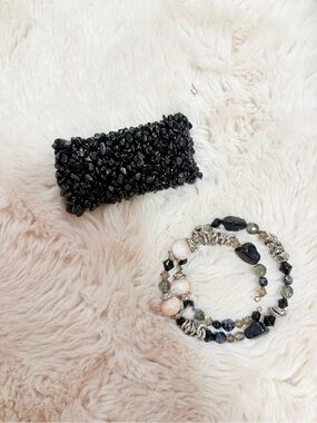 Vintage Y2K Chunky Black Silver Beaded Memory Wire Wrap Bracelet Stack Boho Goth